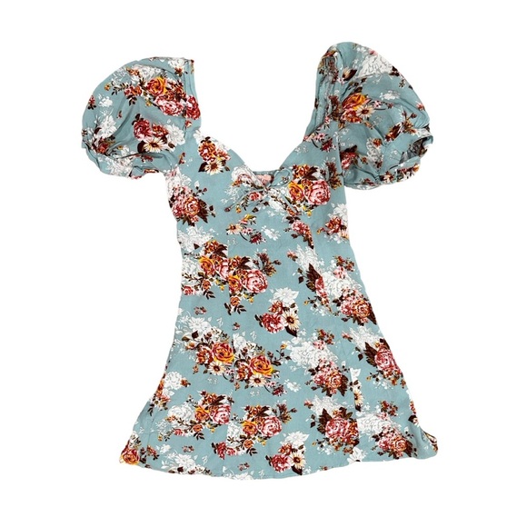 Band of Gypsies Floral Puff Sleeve Mini Dress | Blue, White, Pink | Size Small - Picture 1 of 4